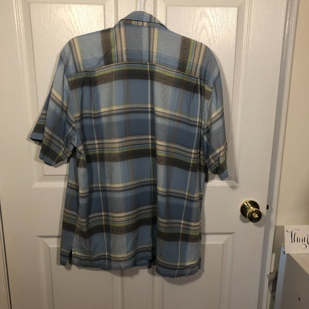 Tommy Bahama men blue and gray plaid motive short sleeve silk shirt, size L - Picture 2 of 11